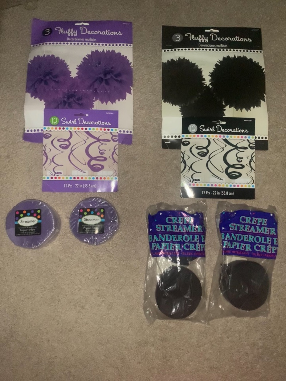 Purple and Black Party Decorations Pack - Fluffy Pom Poms & Crepe Streamers